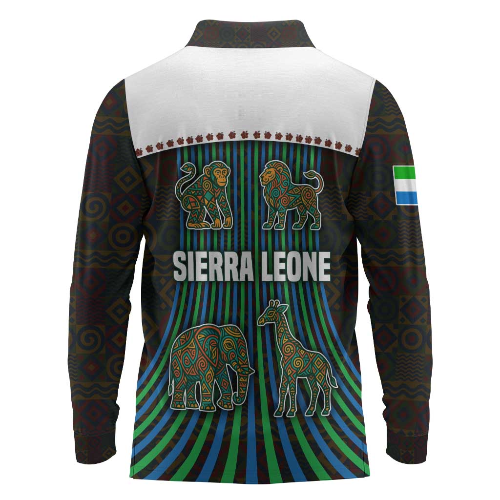 Sierra Leone Long Sleeve Polo Shirt - Tribal Animal Pattern Featuring Lion Elephant Giraffe and Monkey