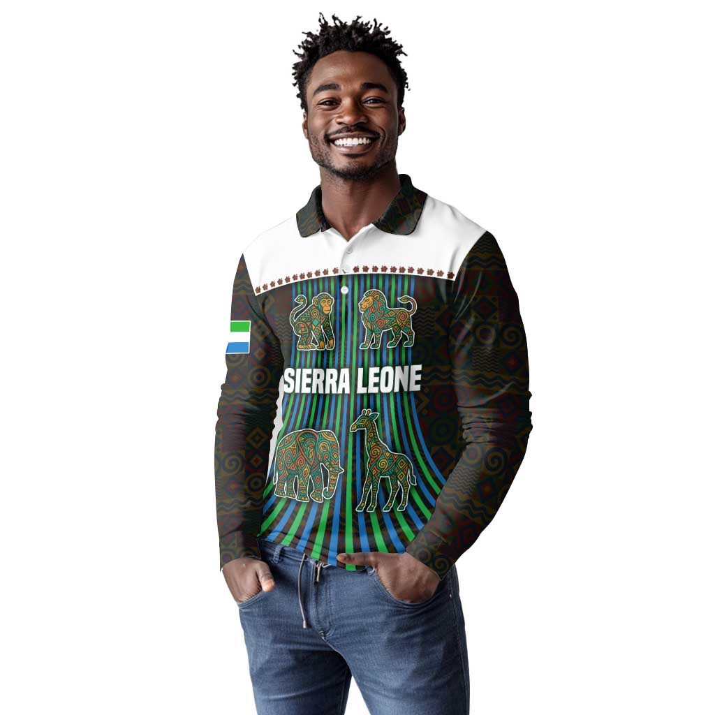 Sierra Leone Long Sleeve Polo Shirt - Tribal Animal Pattern Featuring Lion Elephant Giraffe and Monkey