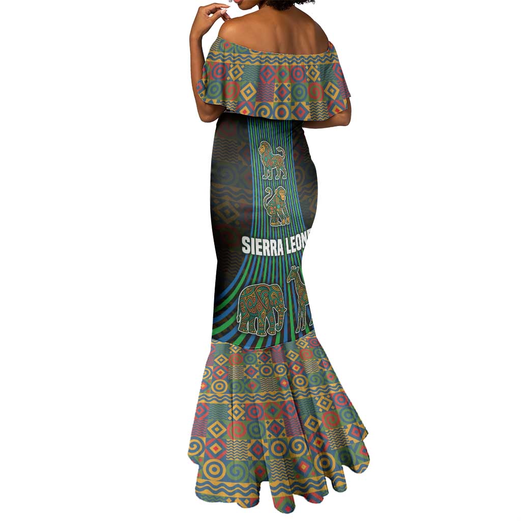 Sierra Leone Mermaid Dress - Tribal Animal Pattern Featuring Lion Elephant Giraffe and Monkey