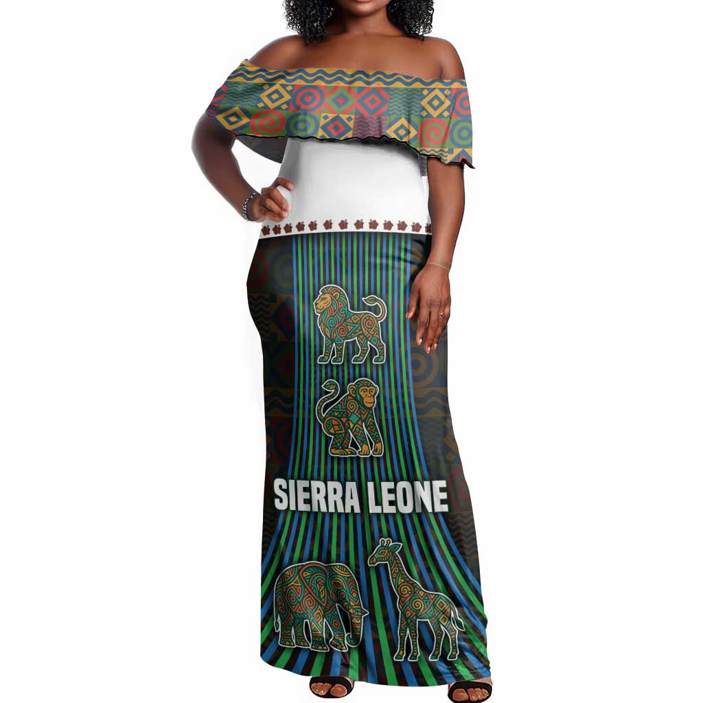Sierra Leone Off Shoulder Maxi Dress - Tribal Animal Pattern Featuring Lion Elephant Giraffe and Monkey