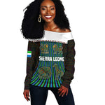 Sierra Leone Off Shoulder Sweater - Tribal Animal Pattern Featuring Lion Elephant Giraffe and Monkey