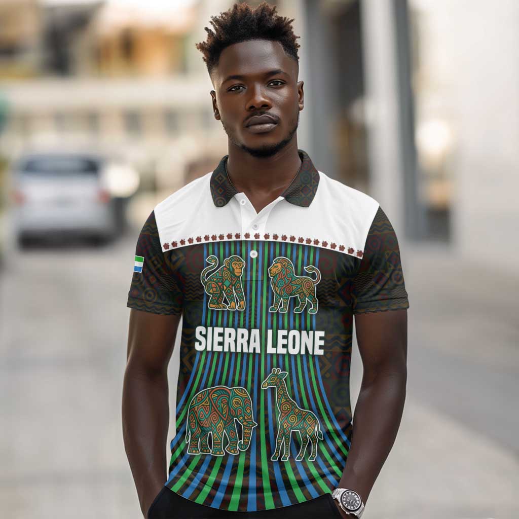 Sierra Leone Polo Shirt - Tribal Animal Pattern Featuring Lion Elephant Giraffe and Monkey