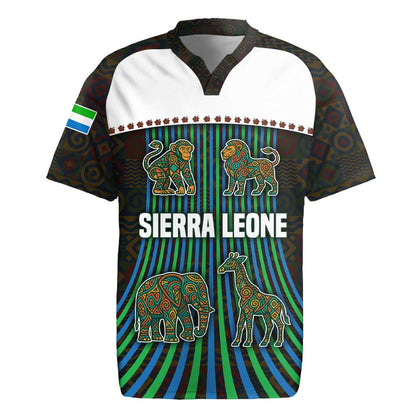 Sierra Leone Rugby Jersey - Tribal Animal Pattern Featuring Lion Elephant Giraffe and Monkey