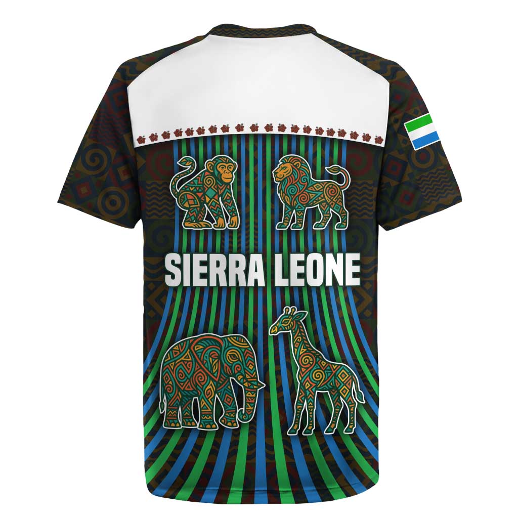 Sierra Leone Rugby Jersey - Tribal Animal Pattern Featuring Lion Elephant Giraffe and Monkey