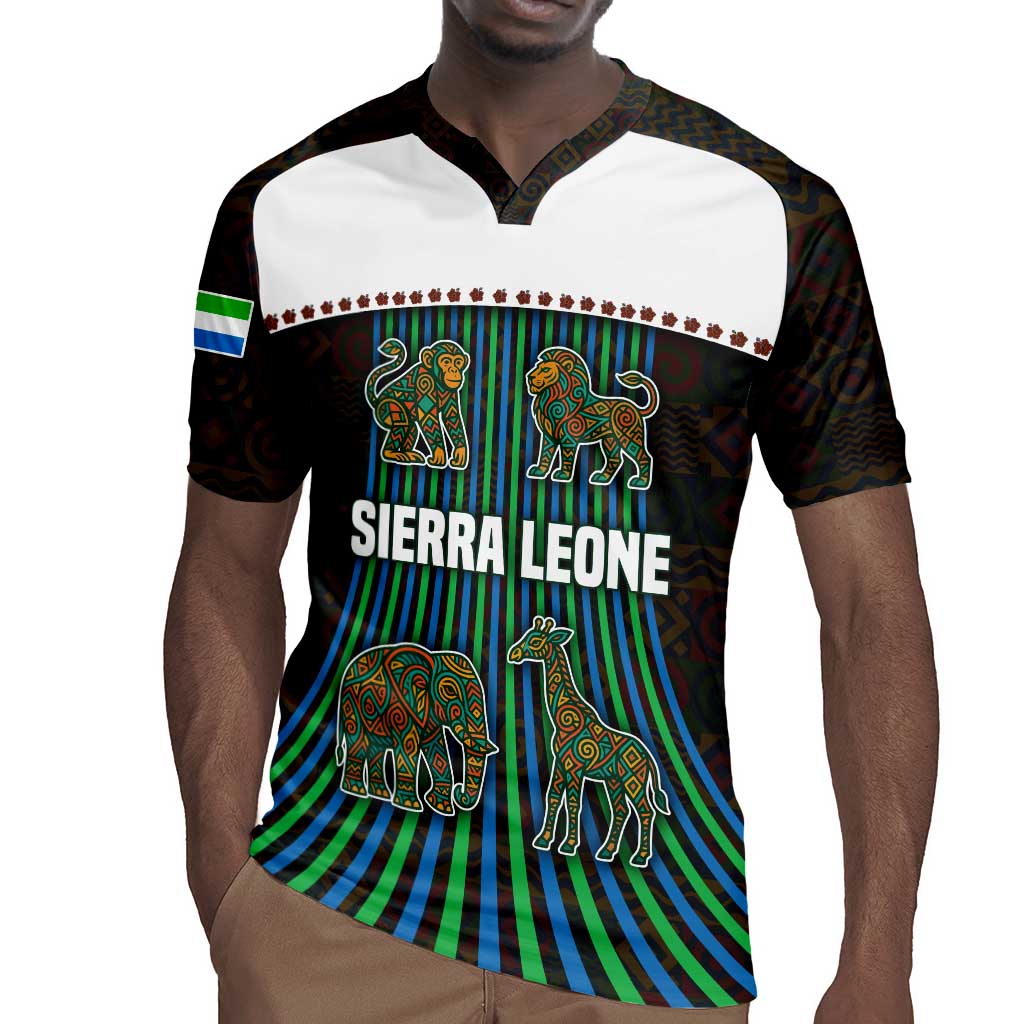 Sierra Leone Rugby Jersey - Tribal Animal Pattern Featuring Lion Elephant Giraffe and Monkey