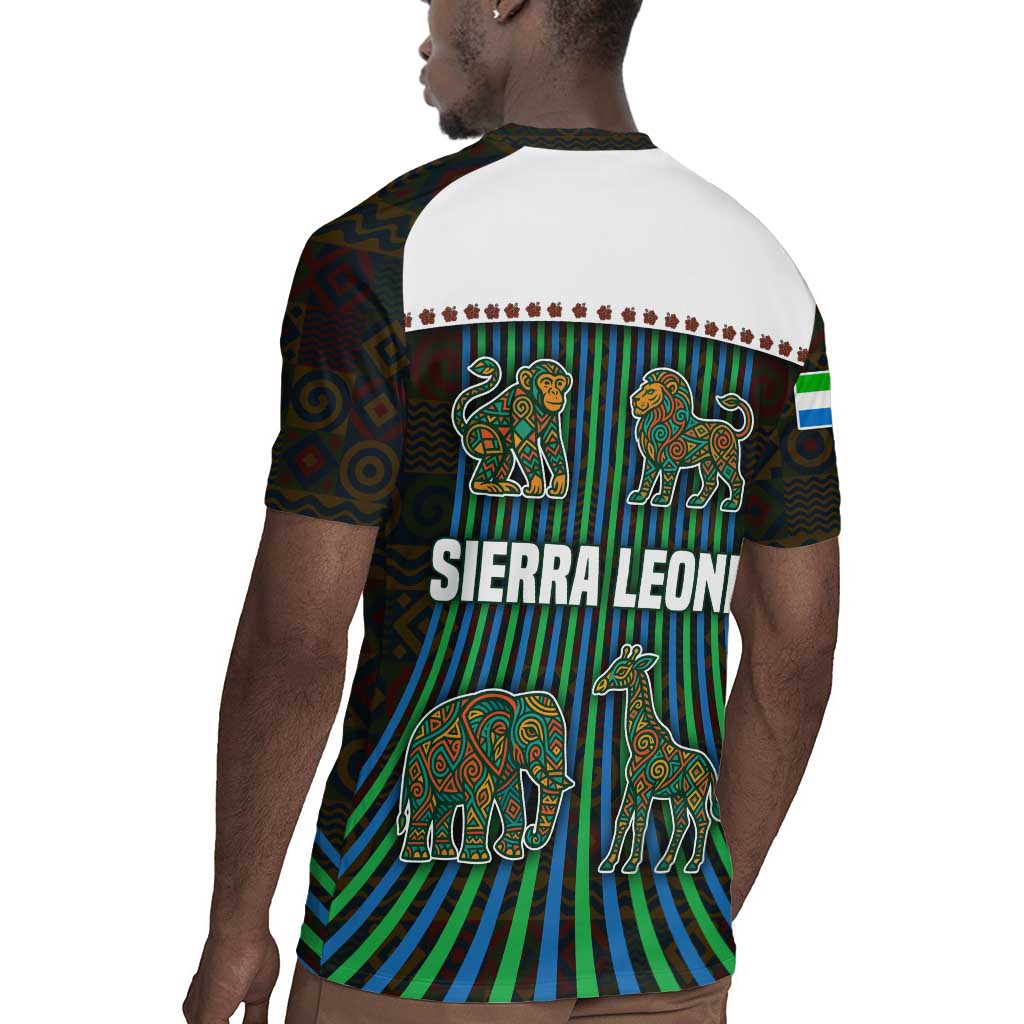 Sierra Leone Rugby Jersey - Tribal Animal Pattern Featuring Lion Elephant Giraffe and Monkey
