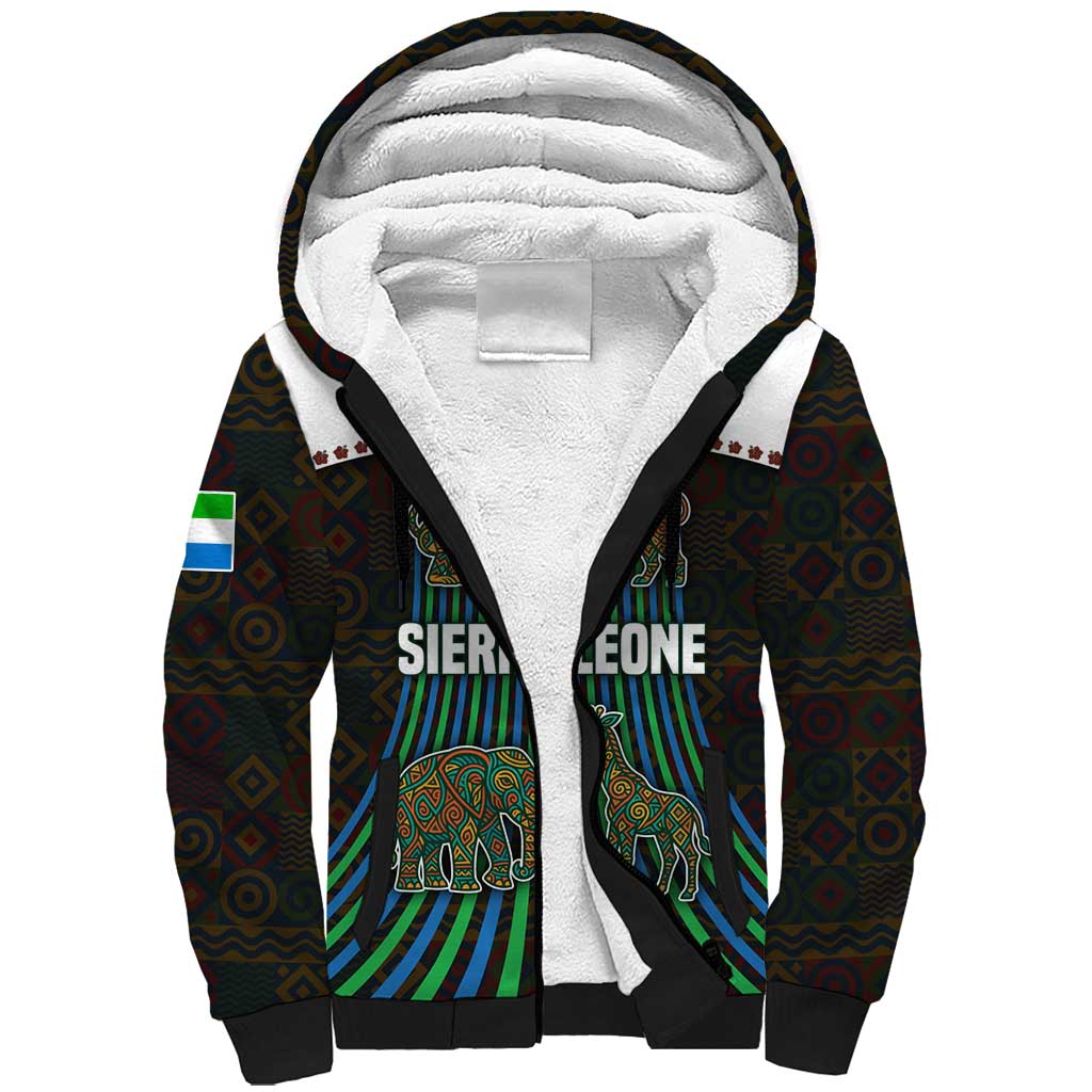 Sierra Leone Sherpa Hoodie - Tribal Animal Pattern Featuring Lion Elephant Giraffe and Monkey