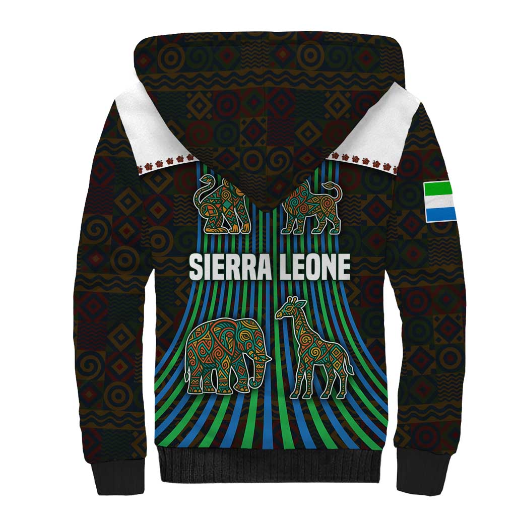 Sierra Leone Sherpa Hoodie - Tribal Animal Pattern Featuring Lion Elephant Giraffe and Monkey