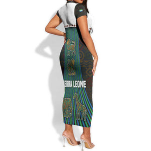 Sierra Leone Short Sleeve Bodycon Dress - Tribal Animal Pattern Featuring Lion Elephant Giraffe and Monkey