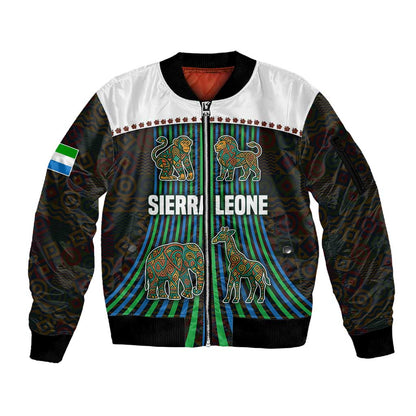Sierra Leone Sleeve Zip Bomber Jacket - Tribal Animal Pattern Featuring Lion Elephant Giraffe and Monkey
