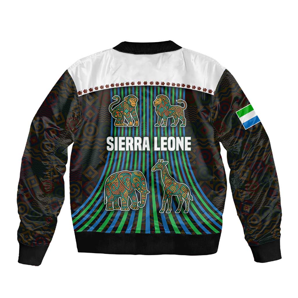Sierra Leone Sleeve Zip Bomber Jacket - Tribal Animal Pattern Featuring Lion Elephant Giraffe and Monkey