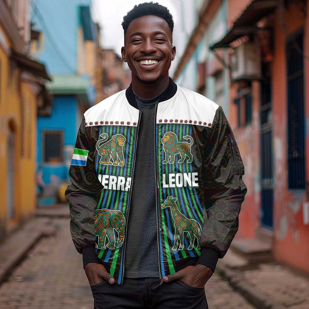 Sierra Leone Sleeve Zip Bomber Jacket - Tribal Animal Pattern Featuring Lion Elephant Giraffe and Monkey