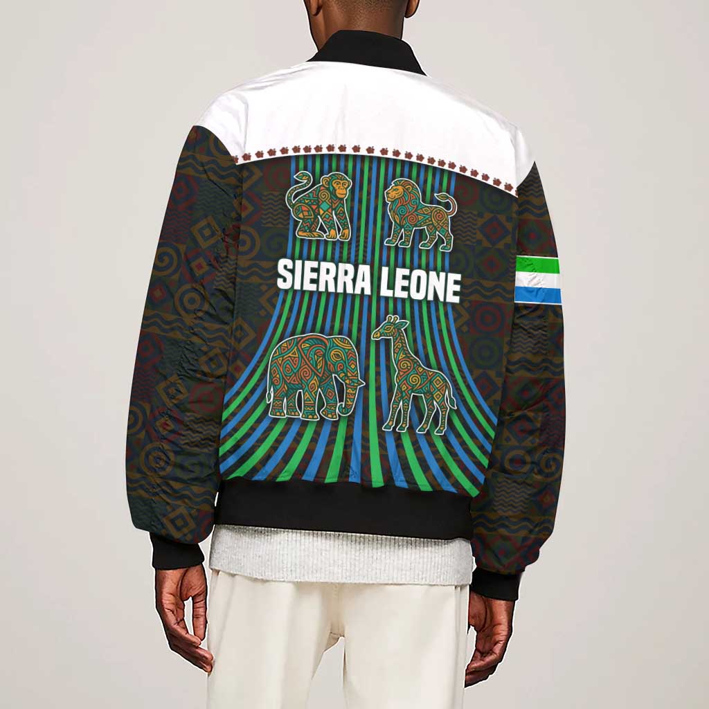 Sierra Leone Sleeve Zip Bomber Jacket - Tribal Animal Pattern Featuring Lion Elephant Giraffe and Monkey
