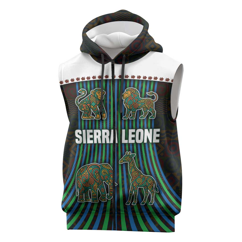 Sierra Leone Sleeveless Zip Hoodie - Tribal Animal Pattern Featuring Lion Elephant Giraffe and Monkey - African Pride