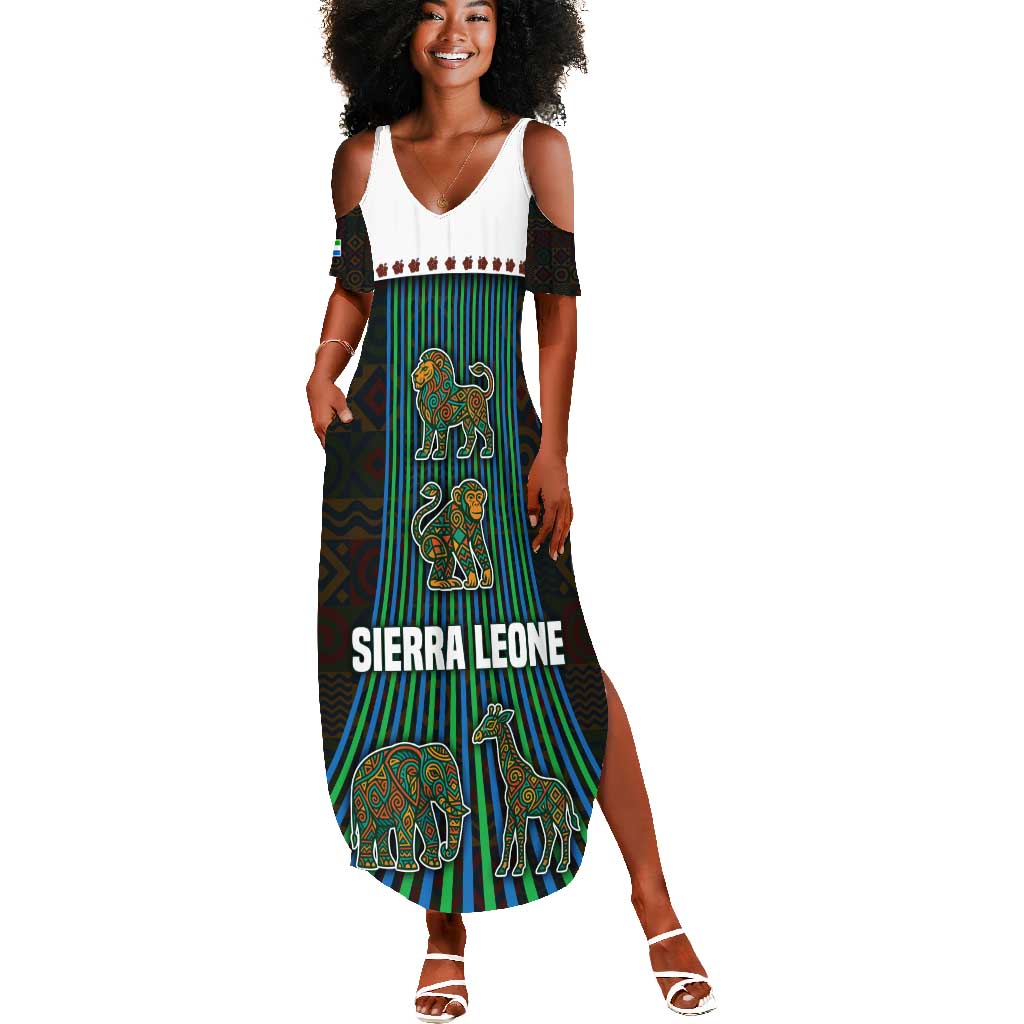 Sierra Leone Summer Maxi Dress - Tribal Animal Pattern Featuring Lion Elephant Giraffe and Monkey