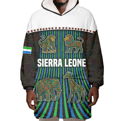 Sierra Leone Wearable Blanket Hoodie - Tribal Animal Pattern Featuring Lion Elephant Giraffe and Monkey