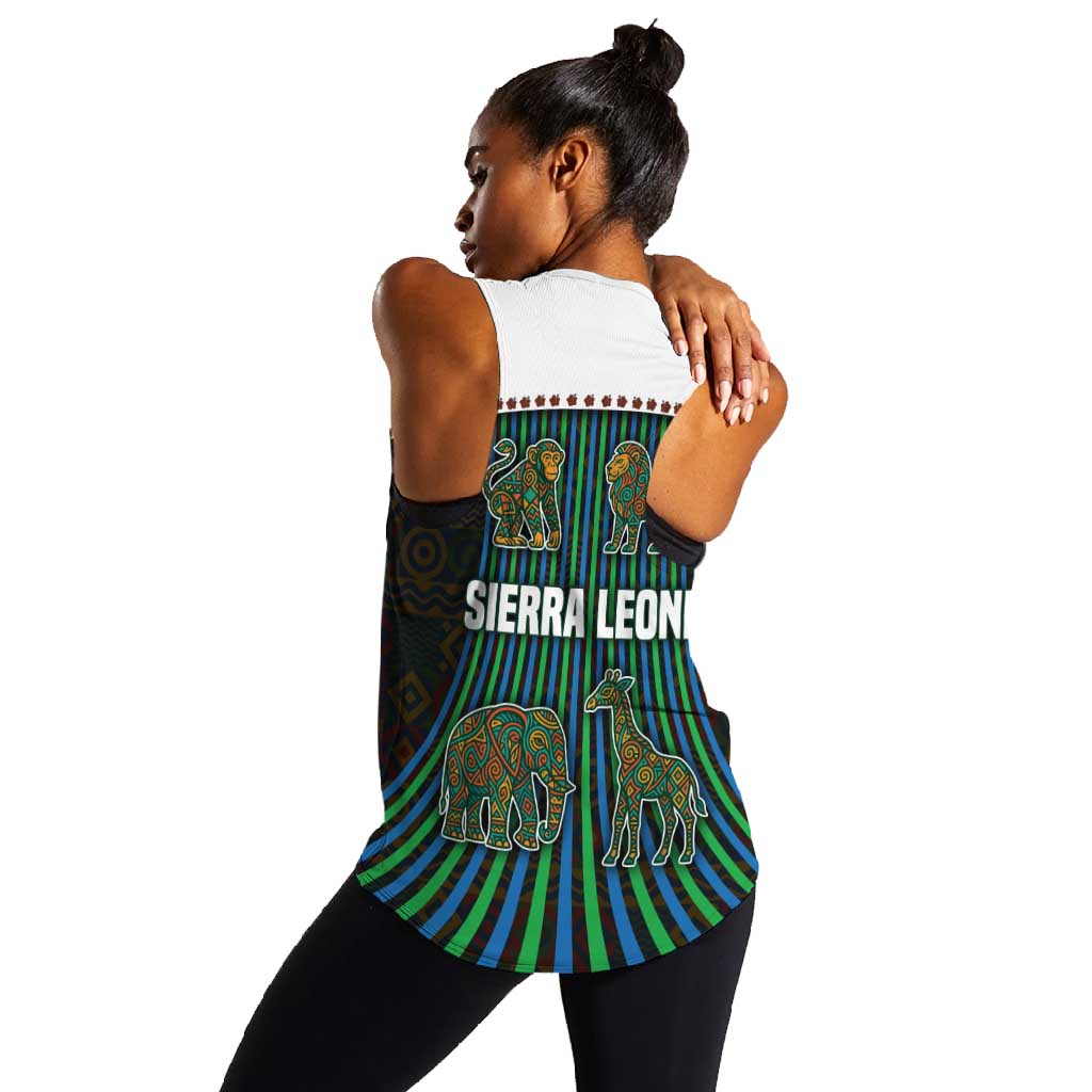 Sierra Leone Women Racerback Tank - Tribal Animal Pattern Featuring Lion Elephant Giraffe and Monkey