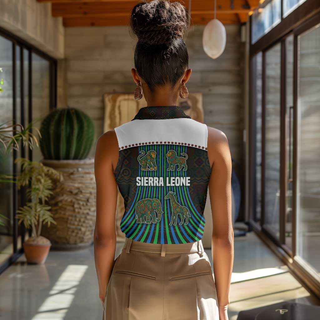 Sierra Leone Women Sleeveless Polo Shirt - Tribal Animal Pattern Featuring Lion Elephant Giraffe and Monkey