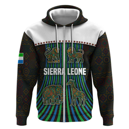 Sierra Leone Zip Hoodie - Tribal Animal Pattern Featuring Lion Elephant Giraffe and Monkey