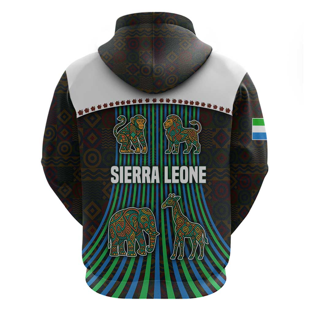 Sierra Leone Zip Hoodie - Tribal Animal Pattern Featuring Lion Elephant Giraffe and Monkey