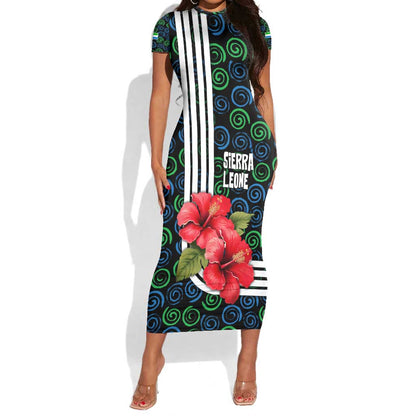 Sierra Leone Short Sleeve Bodycon Dress Red Hibiscus Floral Design