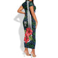 Sierra Leone Short Sleeve Bodycon Dress Red Hibiscus Floral Design
