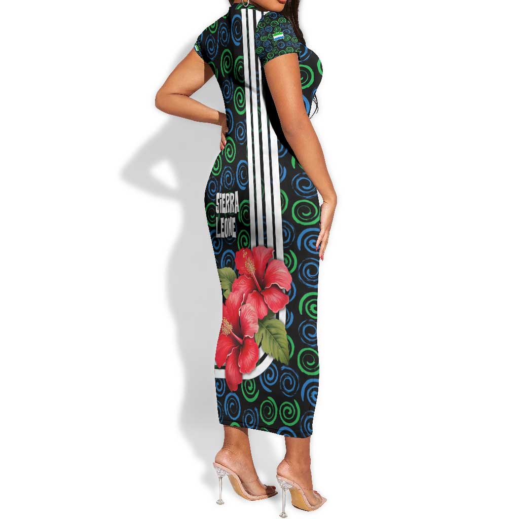 Sierra Leone Short Sleeve Bodycon Dress Red Hibiscus Floral Design