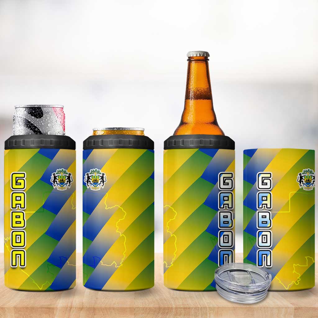 Gabon Flag 4 in 1 Can Cooler Tumbler - National Coat of Arms and Vertical Design