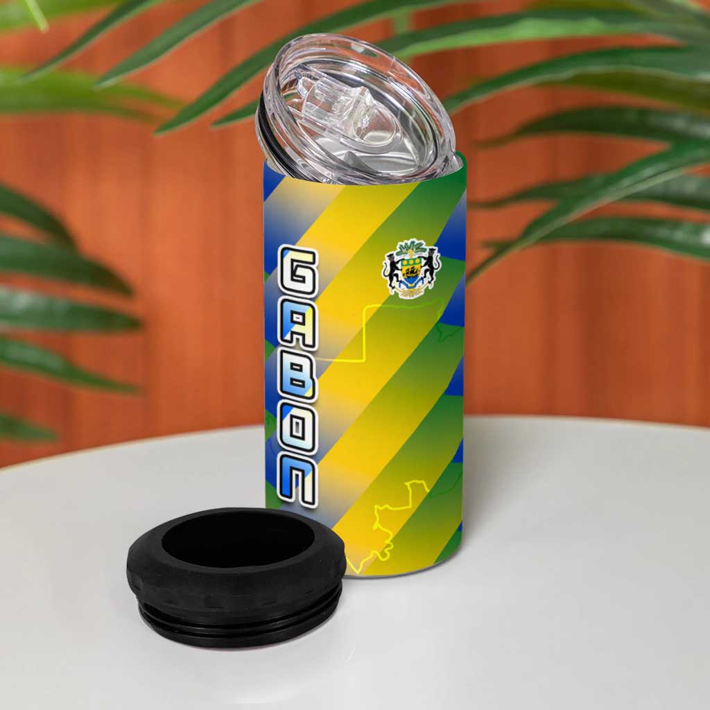 Gabon Flag 4 in 1 Can Cooler Tumbler - National Coat of Arms and Vertical Design
