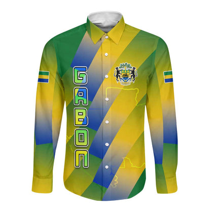 Gabon Flag Long Sleeve Button Shirt - National Coat of Arms and Vertical Design