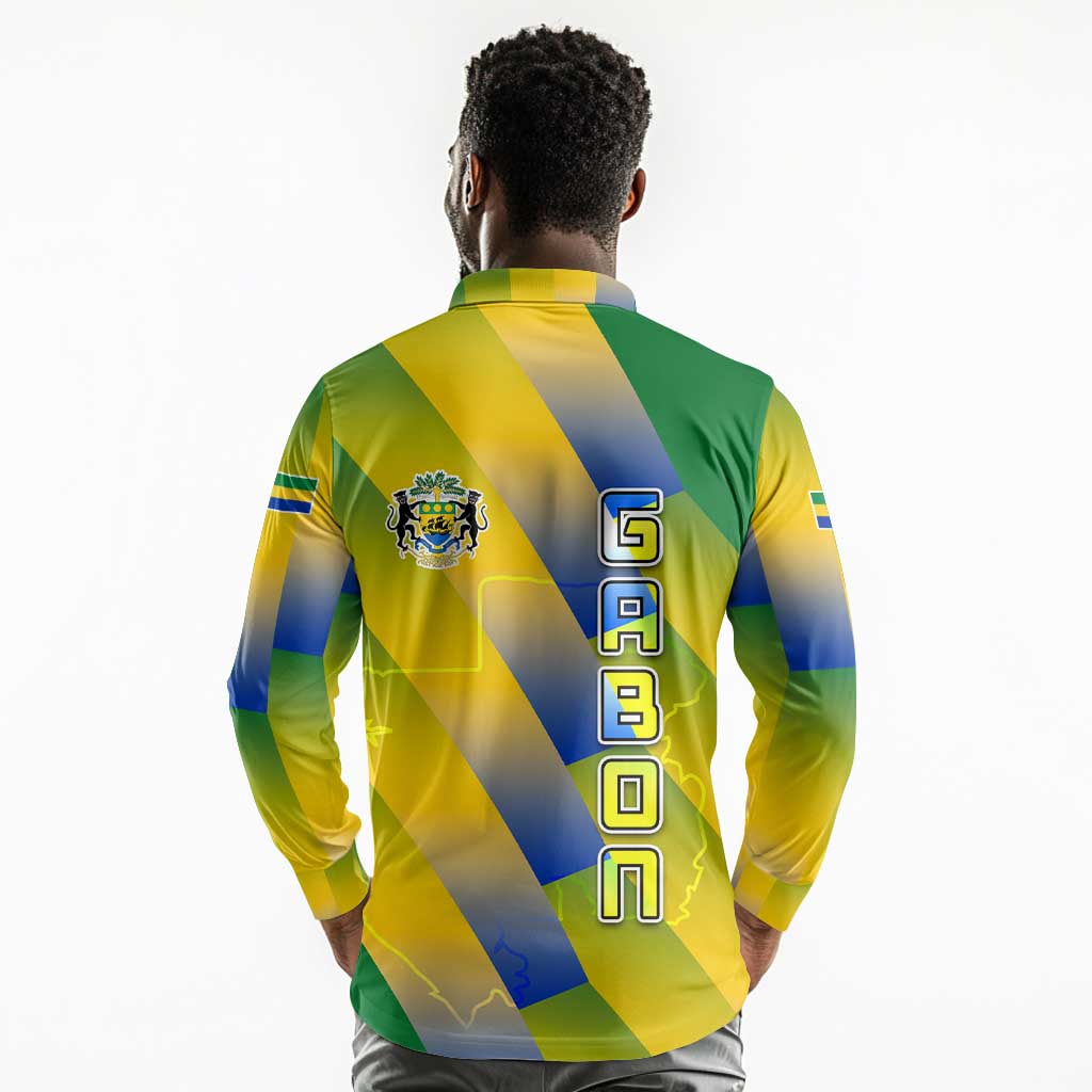 Gabon Flag Long Sleeve Polo Shirt - National Coat of Arms and Vertical Design