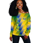 Gabon Flag Off Shoulder Sweater - National Coat of Arms and Vertical Design