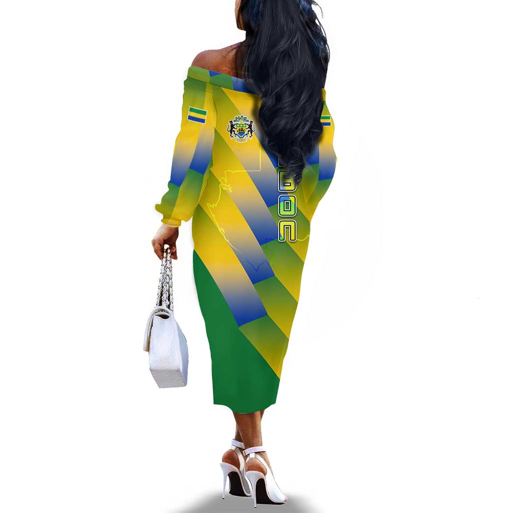 Gabon Flag Off The Shoulder Long Sleeve Dress - National Coat of Arms and Vertical Design