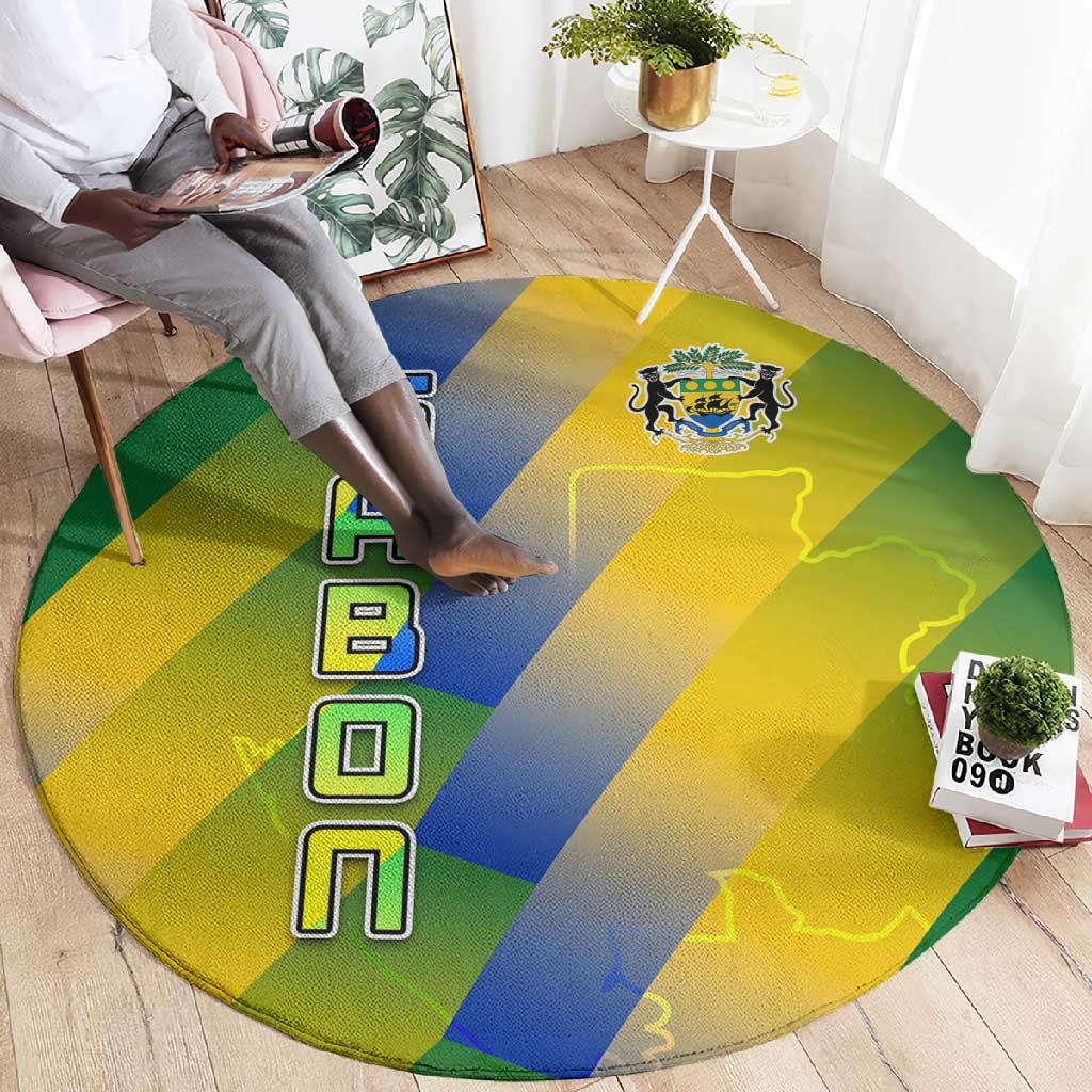 Gabon Flag Round Carpet - National Coat of Arms and Vertical Design