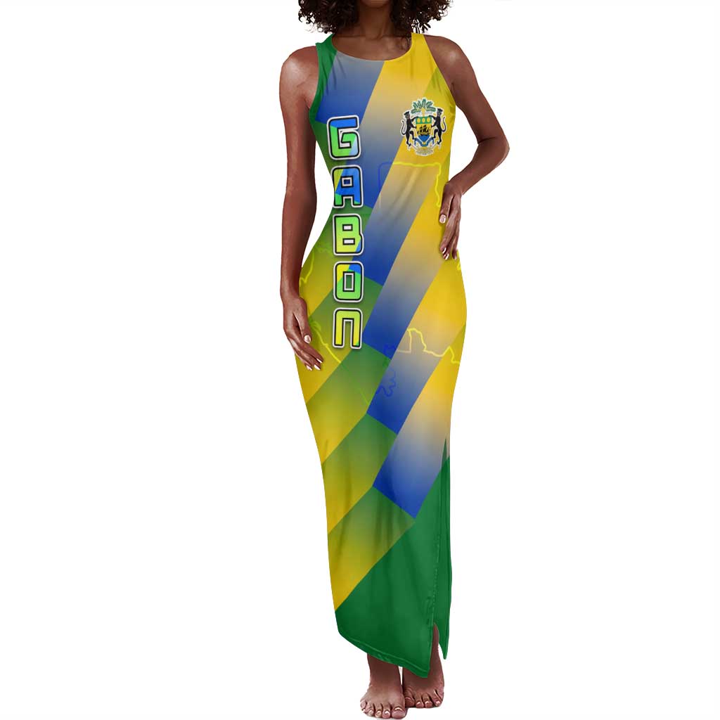 Gabon Flag Tank Maxi Dress - National Coat of Arms and Vertical Design