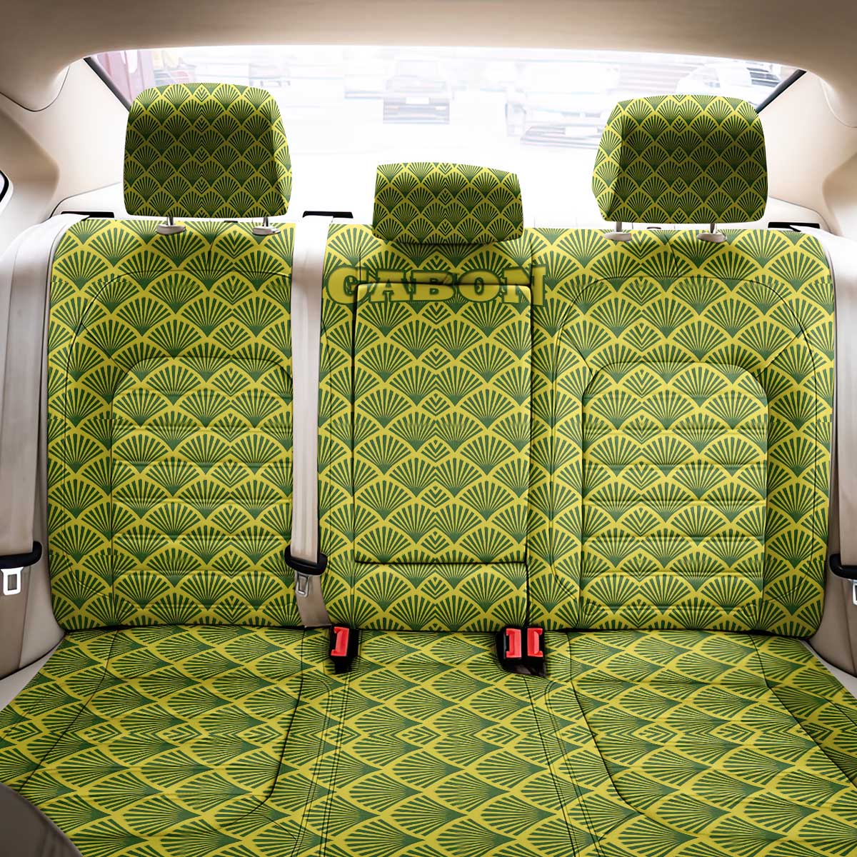 Gabon Tribal Pattern Back Car Seat Cover - National Flag Colors and Bold Text Design