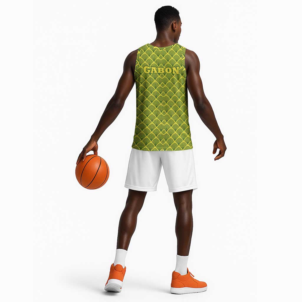 Gabon Tribal Pattern Basketball Jersey - National Flag Colors and Bold Text Design TS04