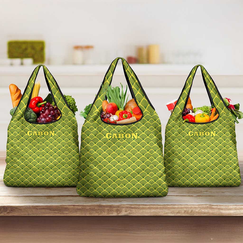 Gabon Tribal Pattern Grocery Bag - National Flag Colors and Bold Text Design