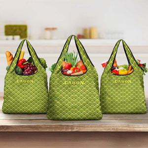 Gabon Tribal Pattern Grocery Bag - National Flag Colors and Bold Text Design