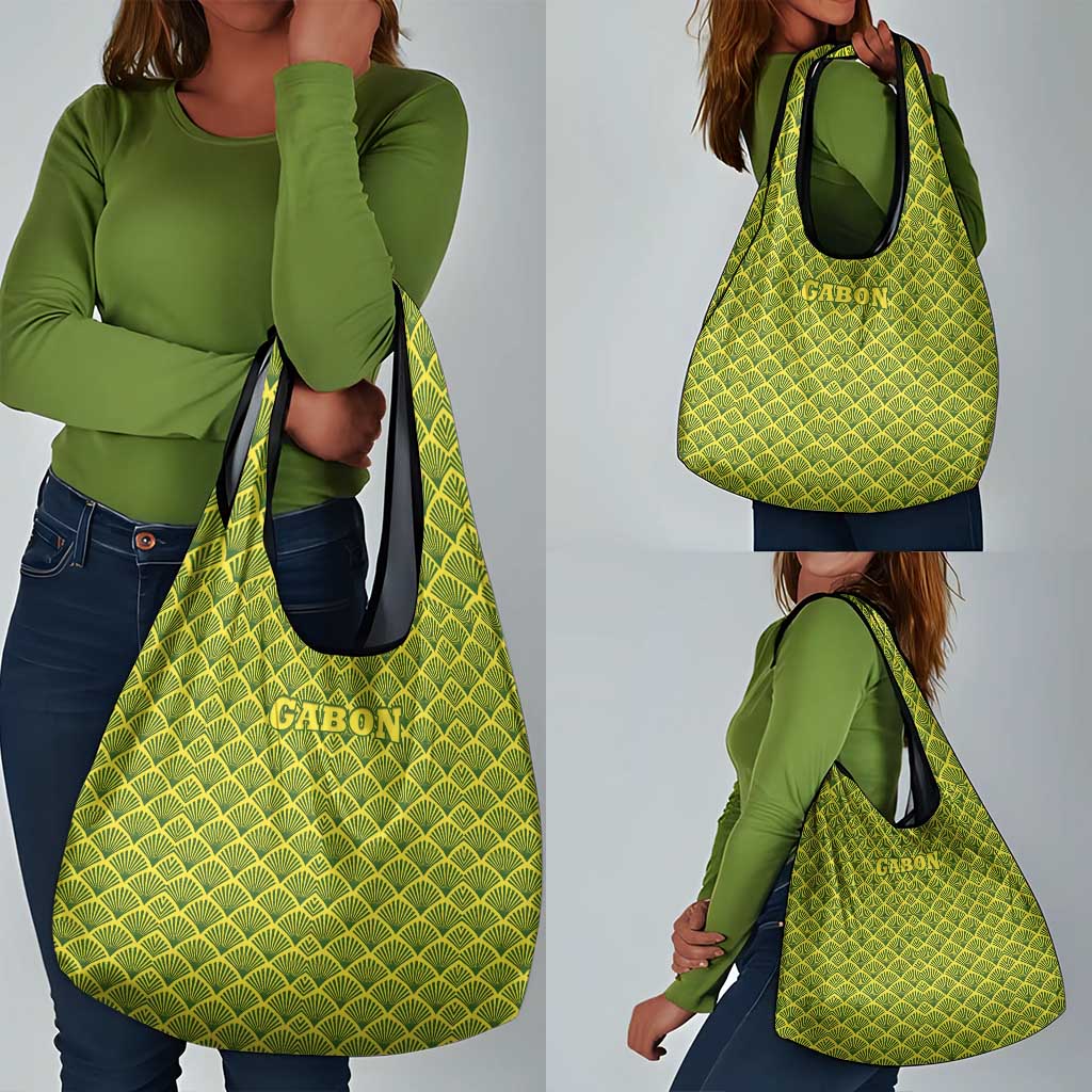 Gabon Tribal Pattern Grocery Bag - National Flag Colors and Bold Text Design