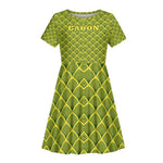 Gabon Tribal Pattern Kid Short Sleeve Dress - National Flag Colors and Bold Text Design