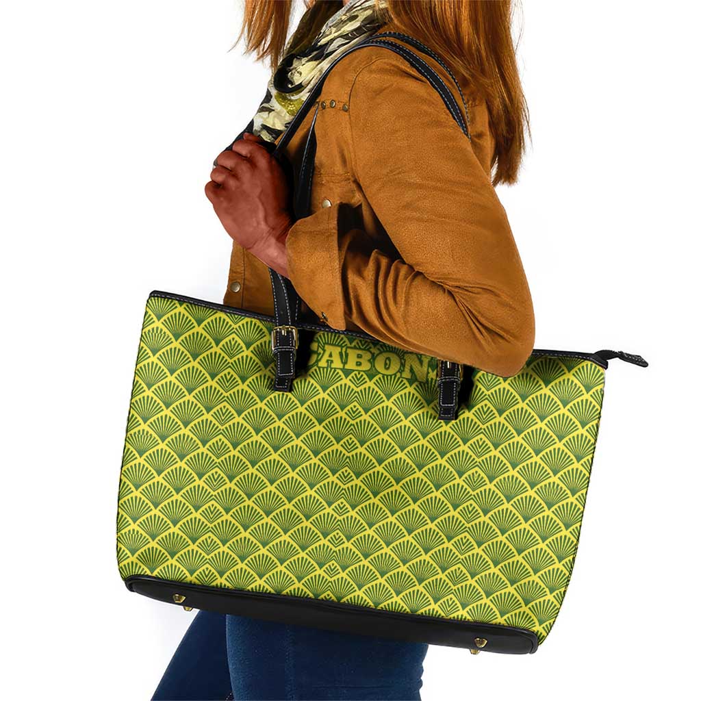 Gabon Tribal Pattern Leather Tote Bag - National Flag Colors and Bold Text Design