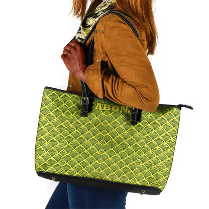 Gabon Tribal Pattern Leather Tote Bag - National Flag Colors and Bold Text Design
