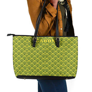 Gabon Tribal Pattern Leather Tote Bag - National Flag Colors and Bold Text Design