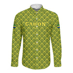 Gabon Tribal Pattern Long Sleeve Button Shirt - National Flag Colors and Bold Text Design