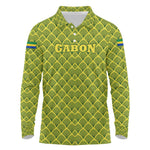 Gabon Tribal Pattern Long Sleeve Polo Shirt - National Flag Colors and Bold Text Design