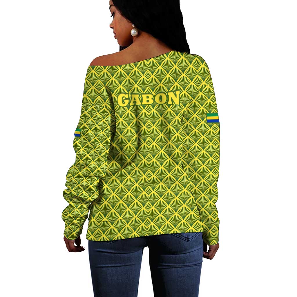 Gabon Tribal Pattern Off Shoulder Sweater - National Flag Colors and Bold Text Design
