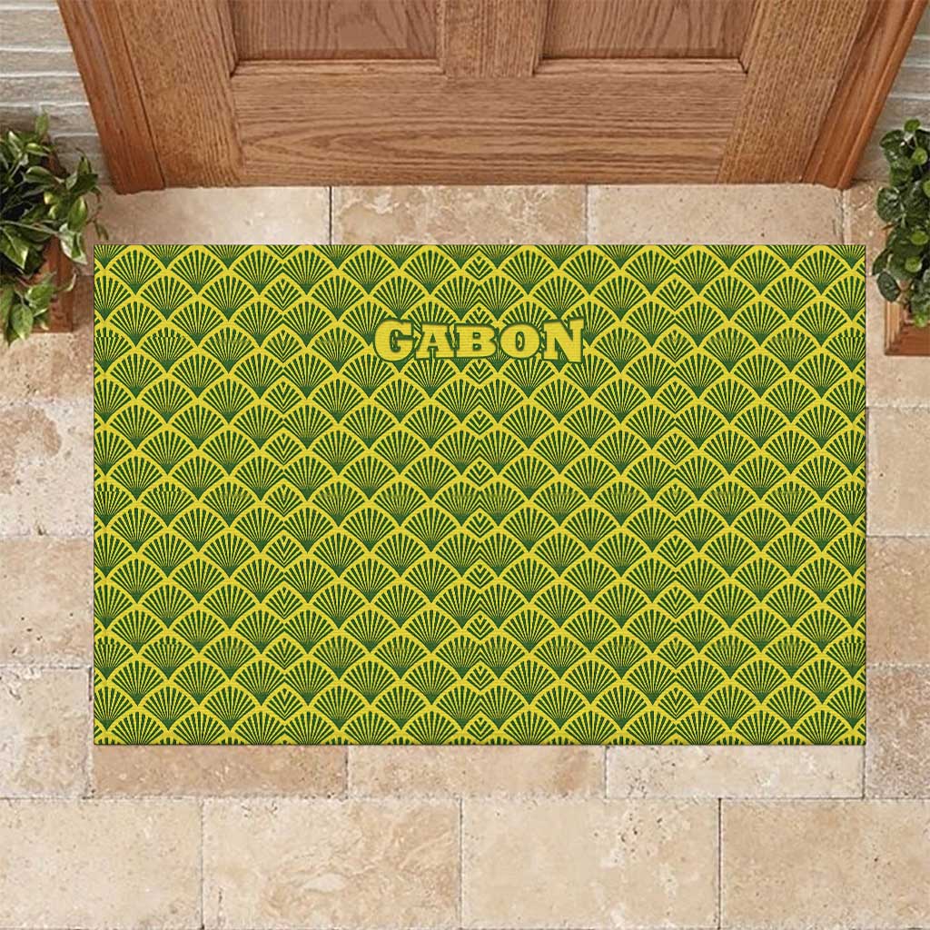 Gabon Tribal Pattern Rubber Doormat - National Flag Colors and Bold Text Design