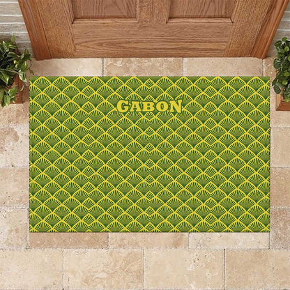 Gabon Tribal Pattern Rubber Doormat - National Flag Colors and Bold Text Design