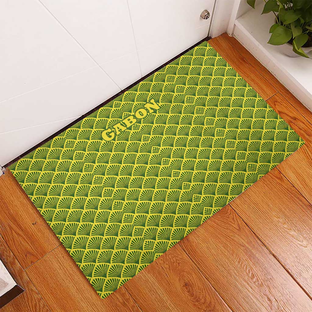Gabon Tribal Pattern Rubber Doormat - National Flag Colors and Bold Text Design